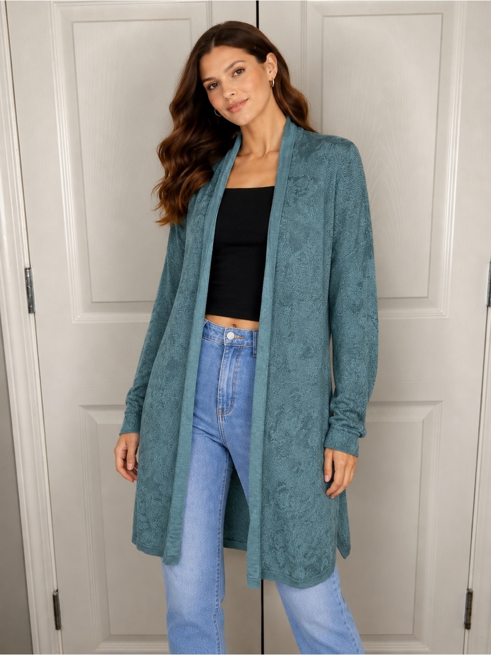 Dana Buchman Blue Floral Open Front Longline Cardigan Sweater Size L